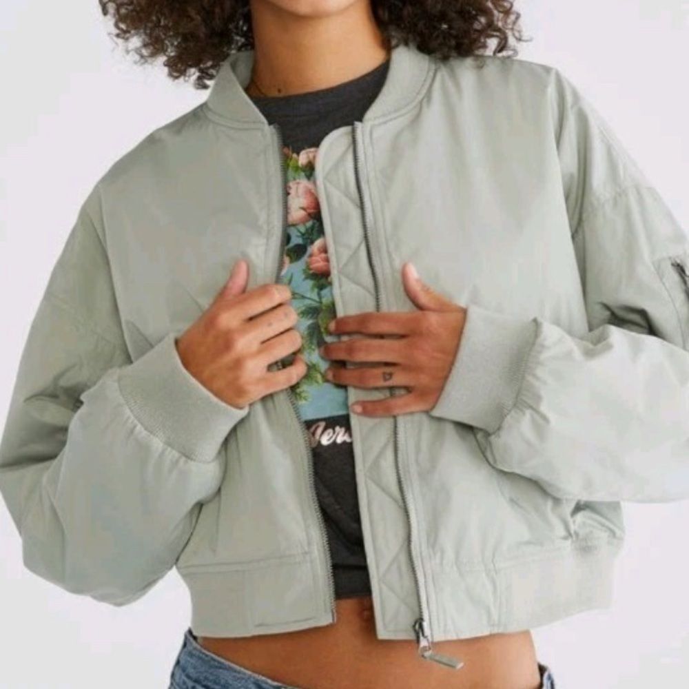 Aeropostale Cropped Bomber Jacket Large Green Zip Front